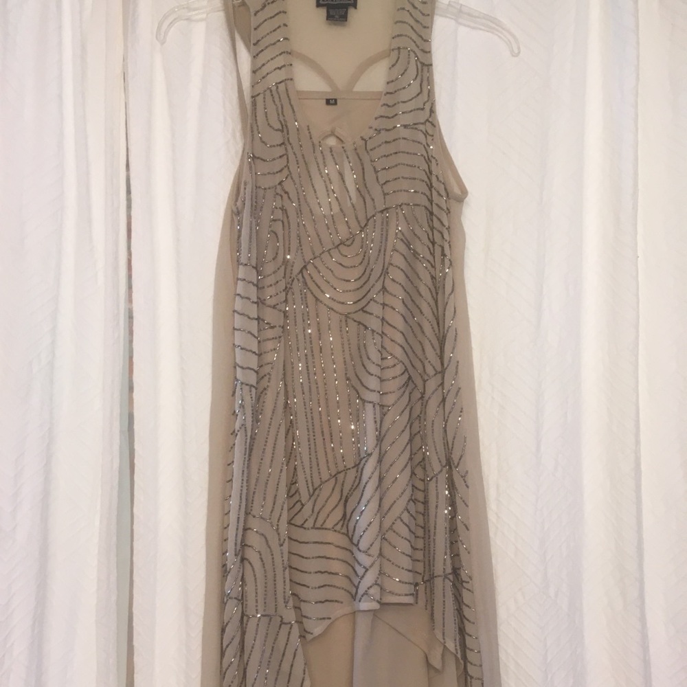 Beaded sheer tan/beige dress with slip cover